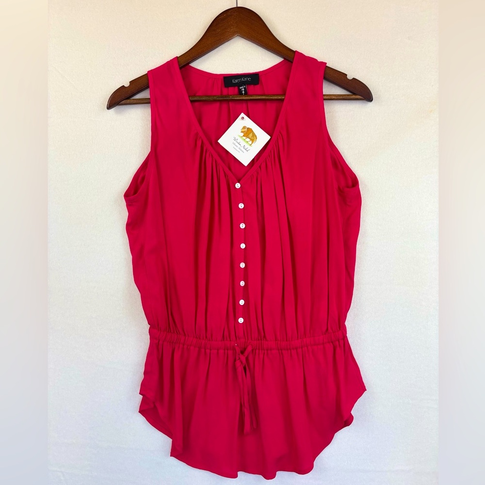 KAREN KANE Pink Sleeveless Button Up Blouse NEW Tie Waist Hot‎ V Neck Light XS